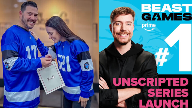 Beast Games contestant getting engaged and MrBeast in a promotional image for Beast Games.
