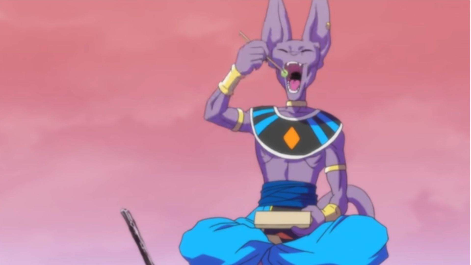 Cheerful Beerus eating dumpling