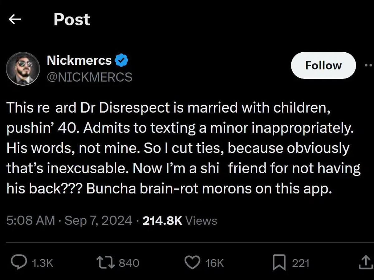 Nickmercs calls out the Doc over his alleged grooming controversy (Image via X/@Nickmercs)