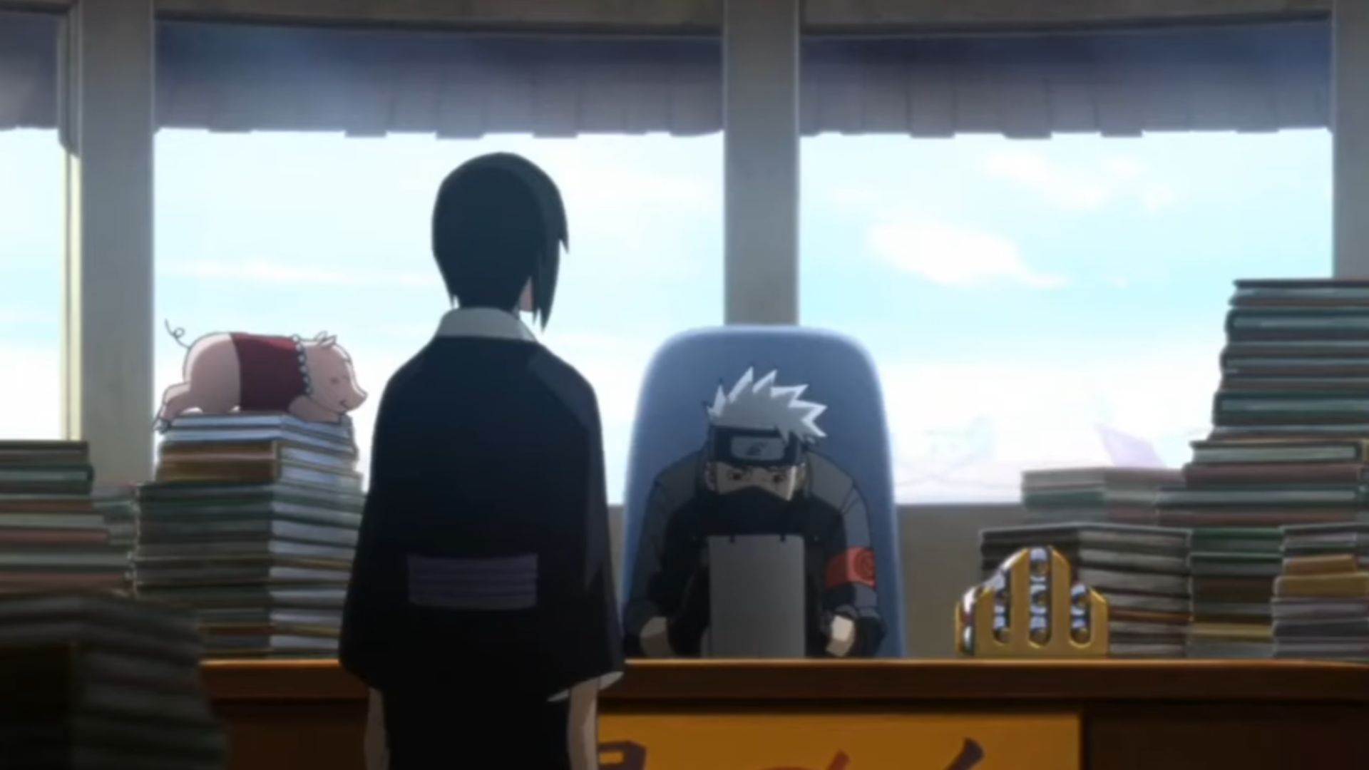 Kakashi working in the position of Hokage