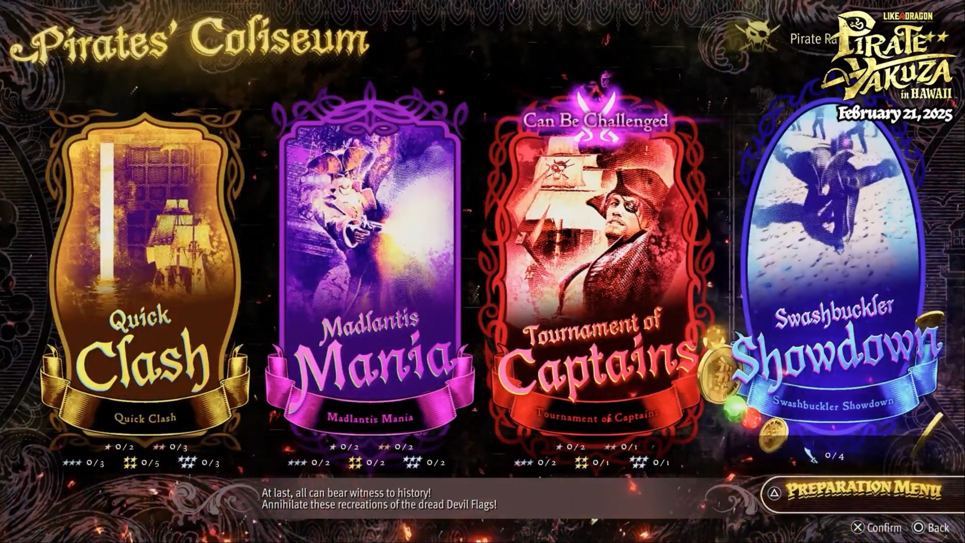 All modes in Pirates’ Coliseum in Pirate Yakuza in Hawaii (Image via SEGA)
