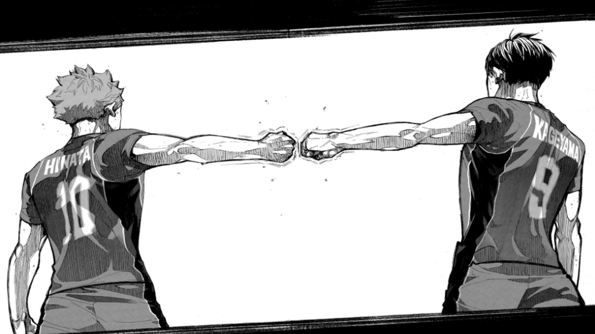 Hinata and Kageyama playing for the Japanese volleyball team as in the final panel of end of Haikyuu manga.