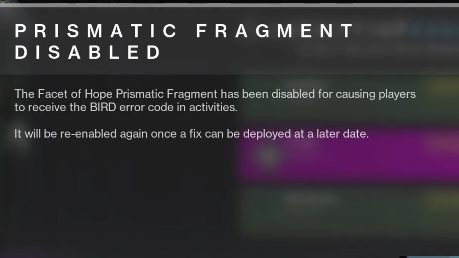 Facet of Hope has been disabled to prevent the occurrence of the BIRD error code