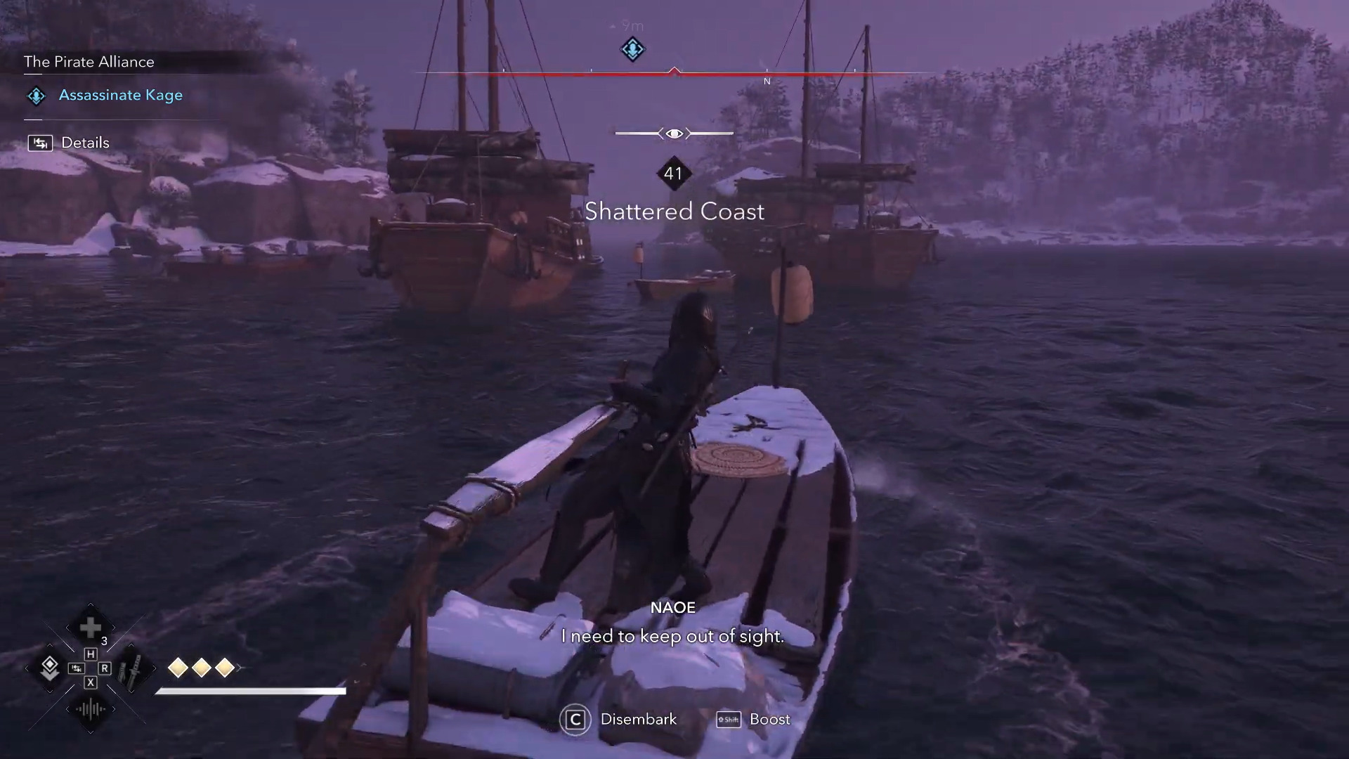 Do as Naoe says and stay out of sight (Image via Ubisoft and @WoWQuest/YouTube)