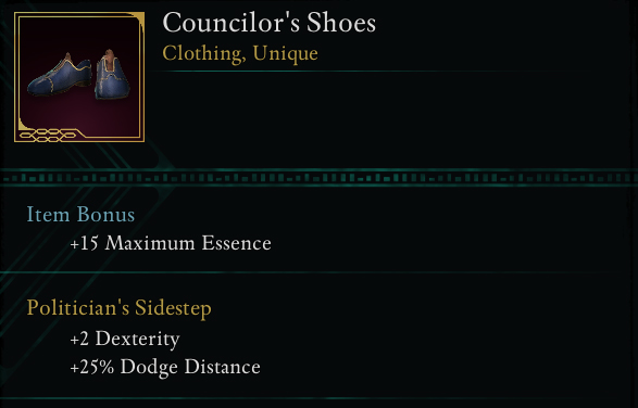 Avowed Councilor's Shoes unique clothing tooltip