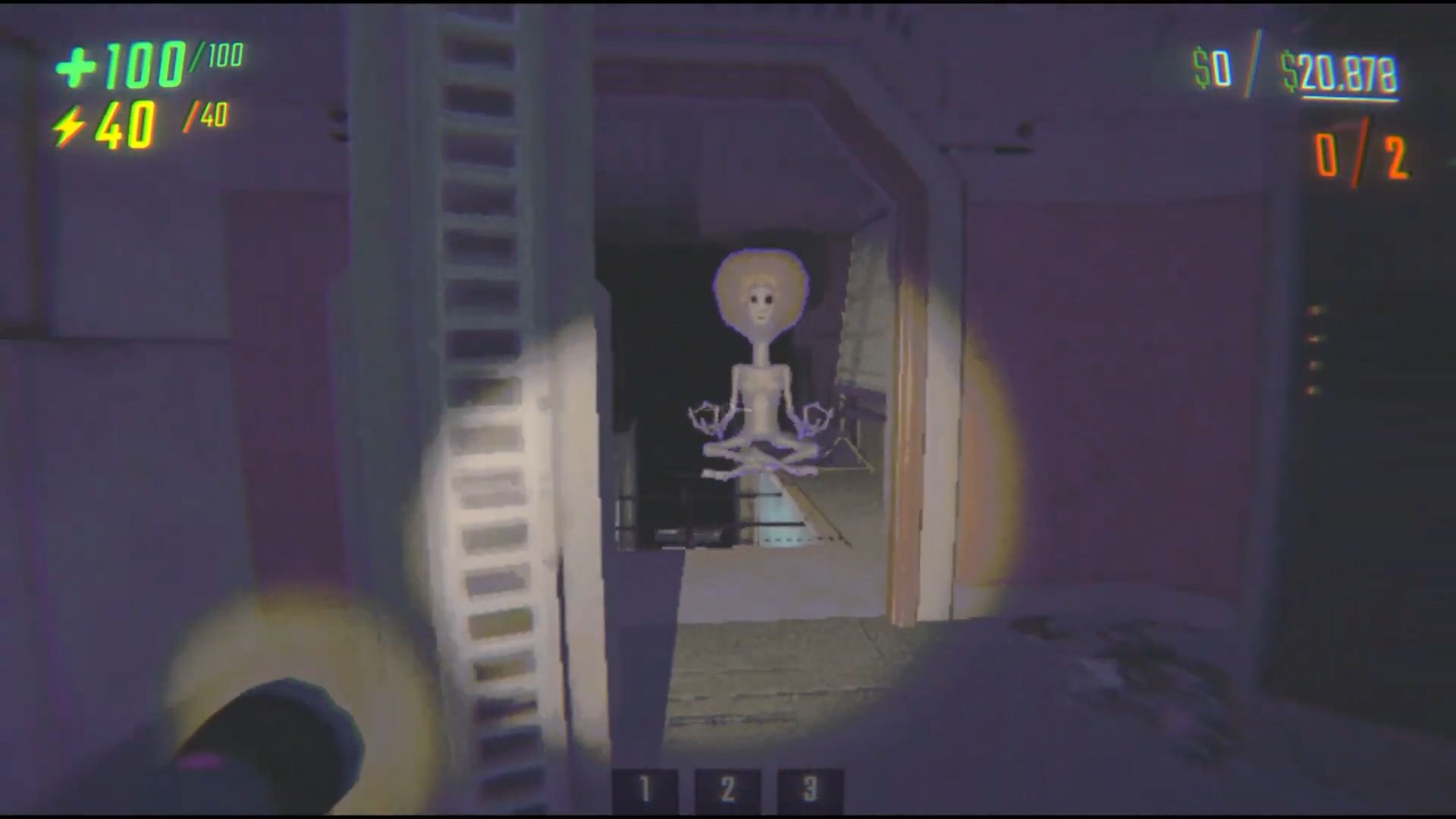 The Alien floats in a meditation pose