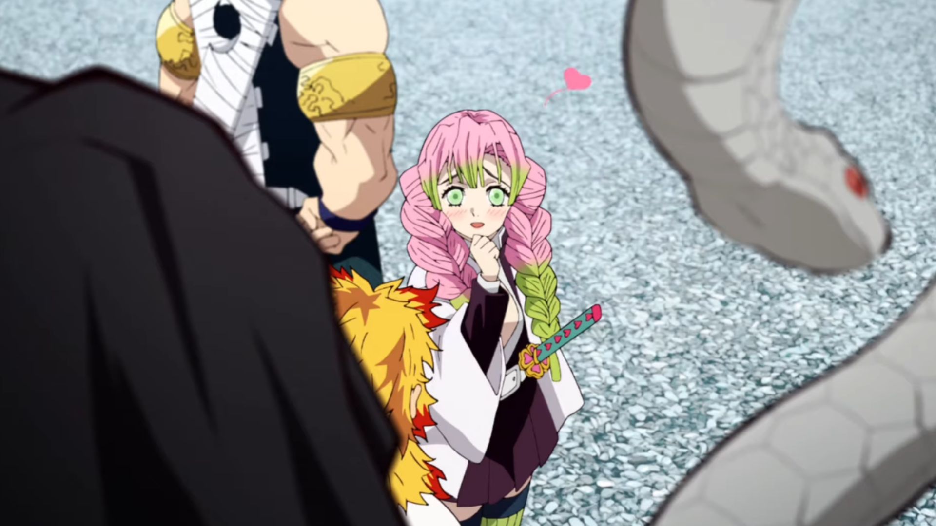 Mitsuri Kanroji looking at Obanai Iguro