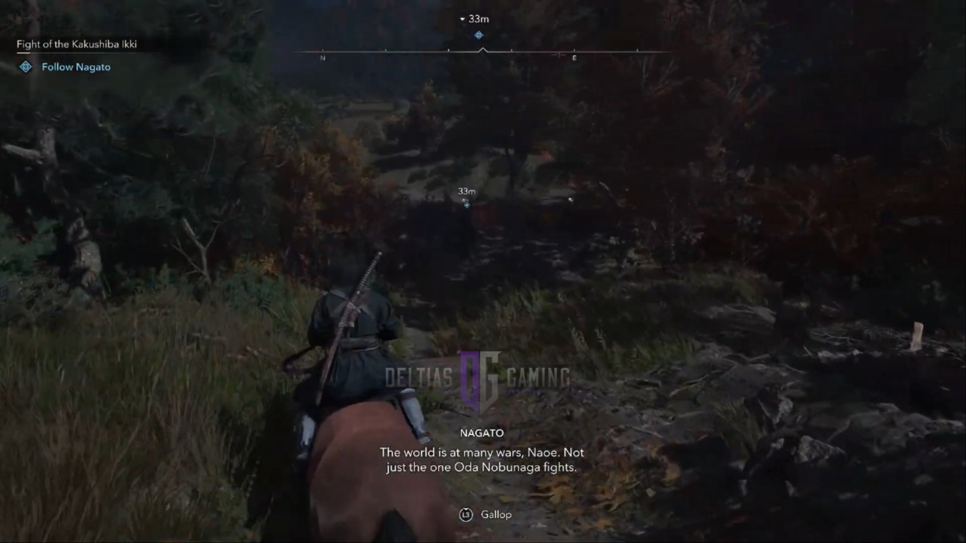 Riding on the horse to Aekuni Shrine Town (Image via Deltias Gaming, Ubisoft)
