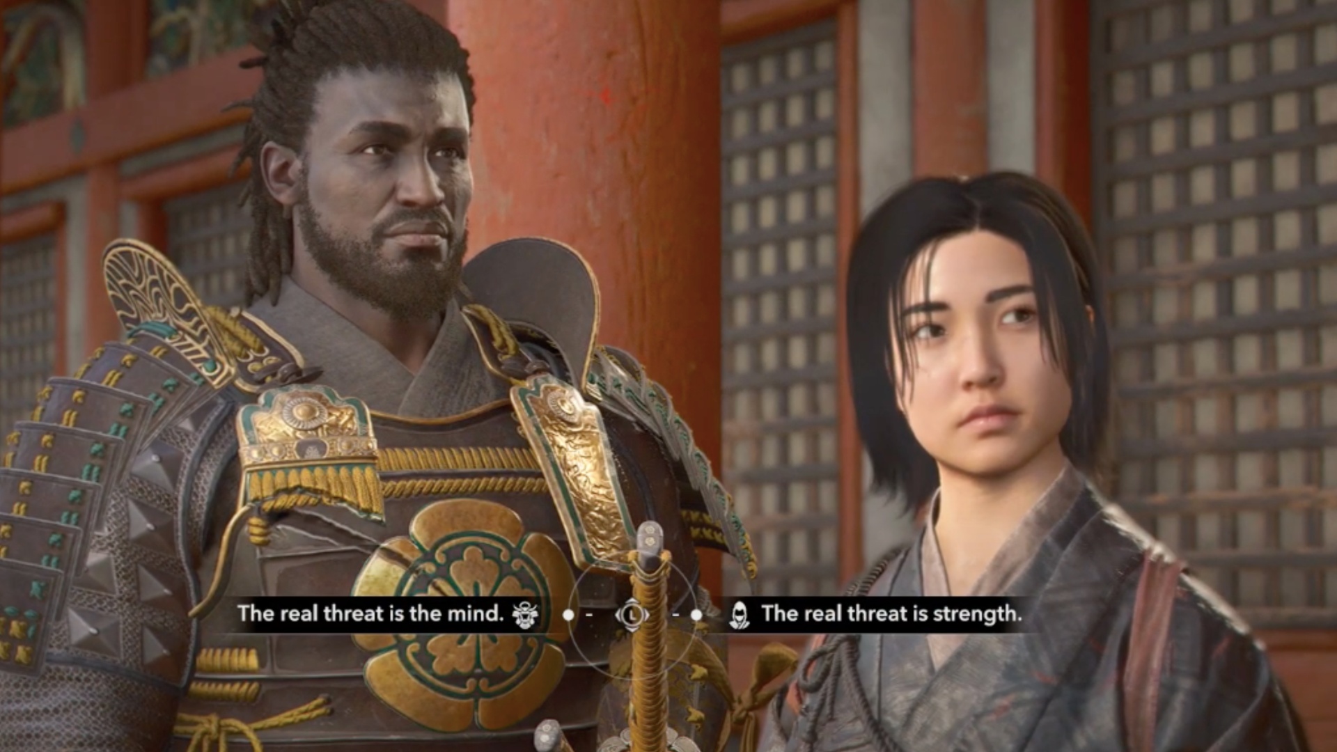 The dialogue options for Naoe and Yasuke (Image via Ubisoft)