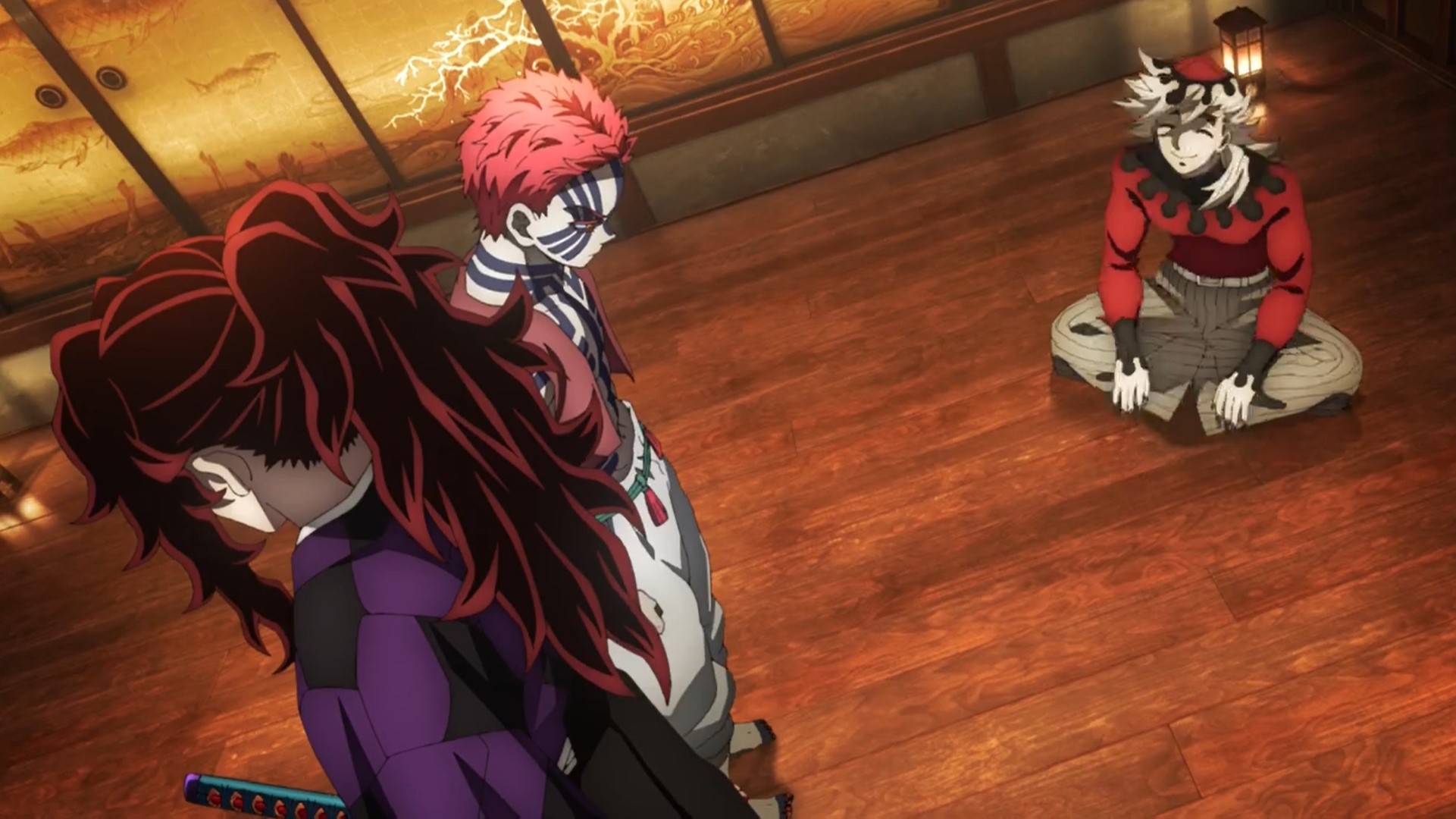 Kokushibo, Akaza, and Doma in the Infinity Castle at the start or season 3 in Demon Slayer