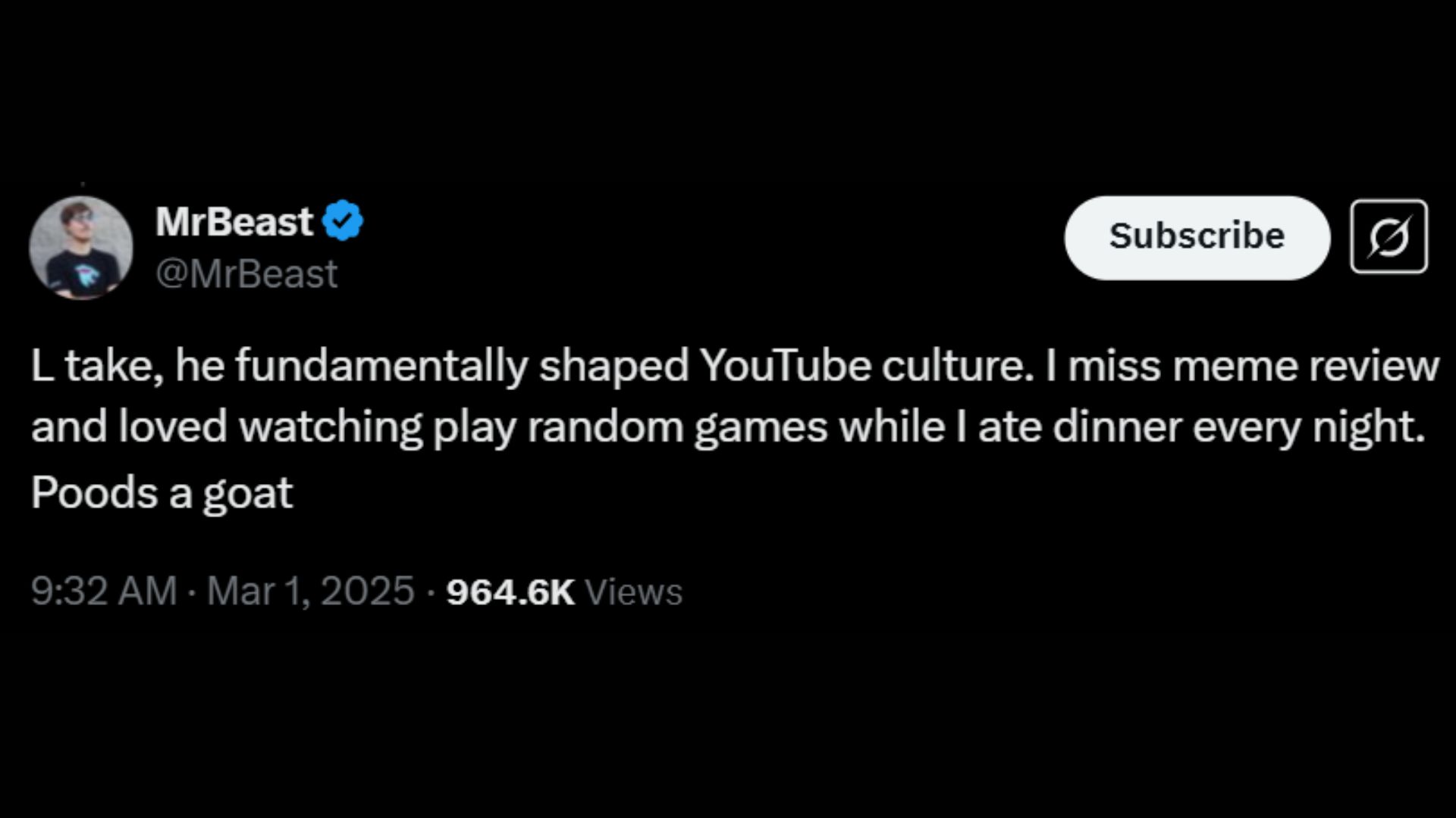 MrBeast's post on X. (Image via @MrBeast/ X)