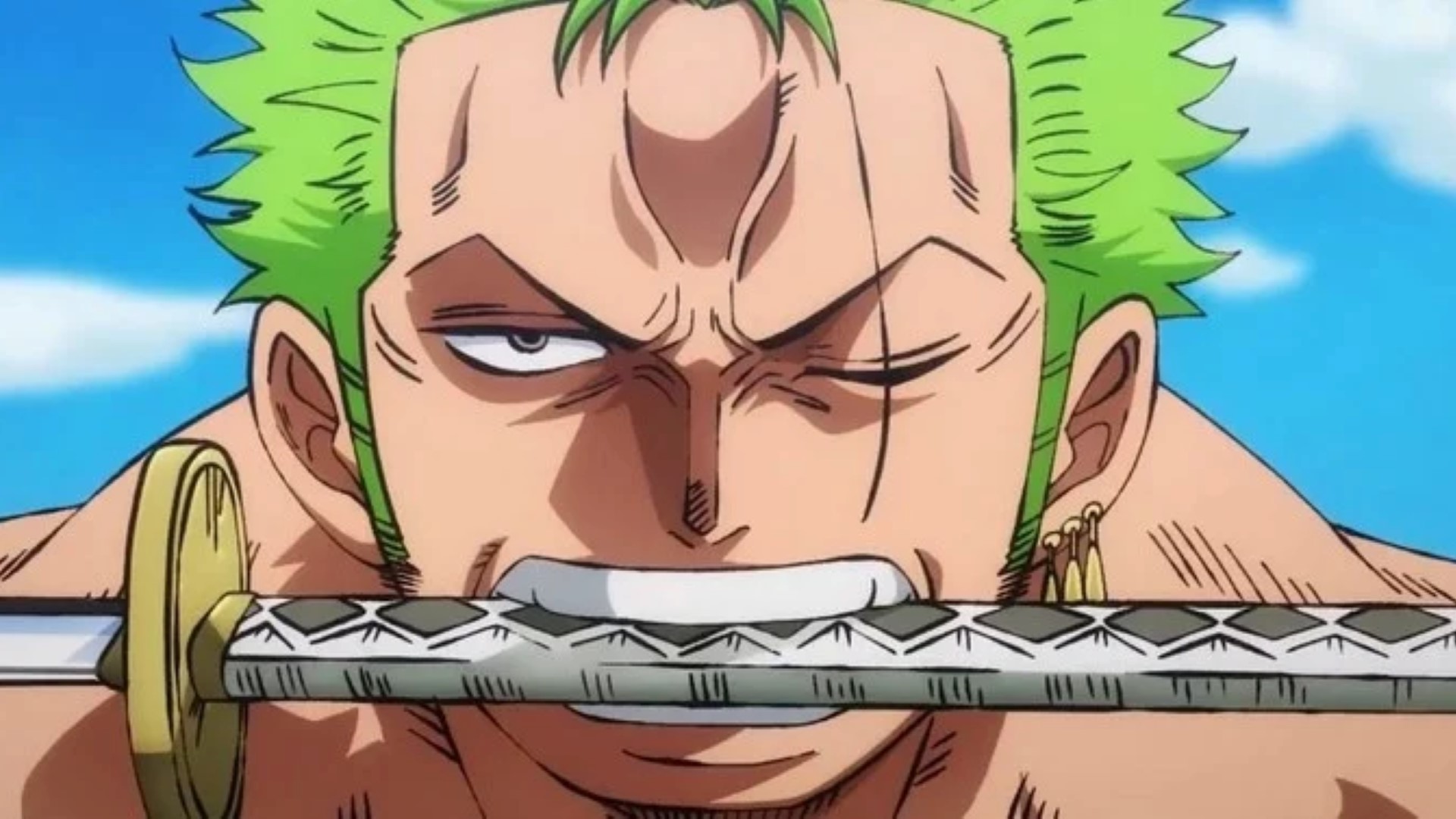 Zoro with Wado Ichimonji in his mouth in One Piece