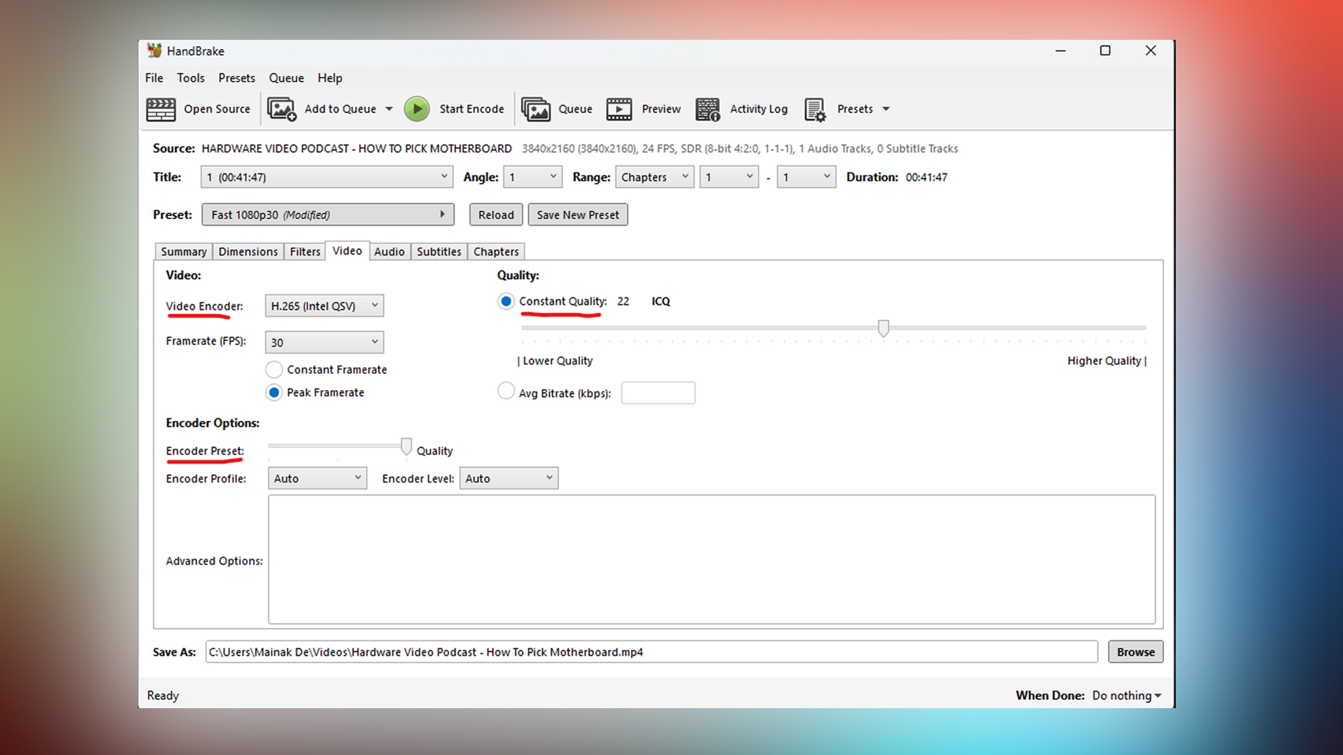 Best settings for Intel Quicksynsc in handbrake