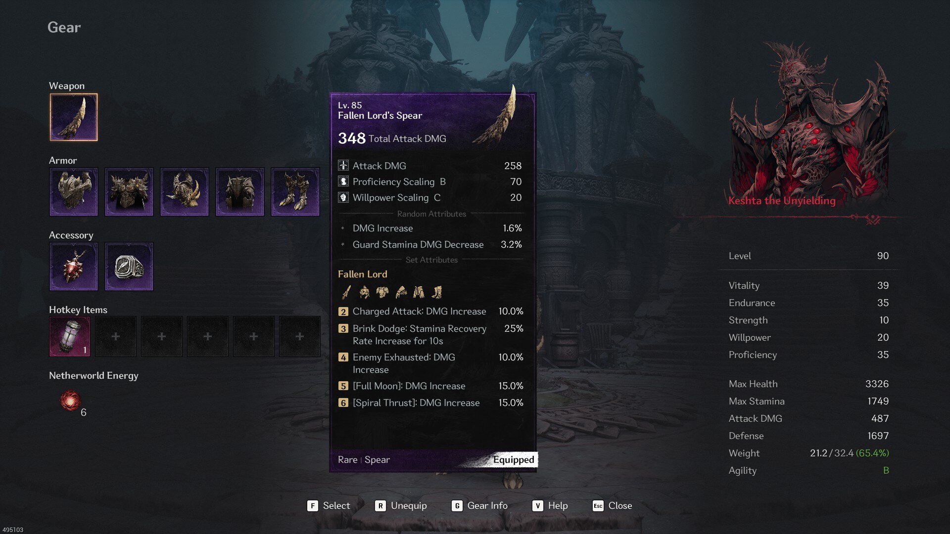 The Fallen Lord's Spear and set bonuses (Image via Nexon)