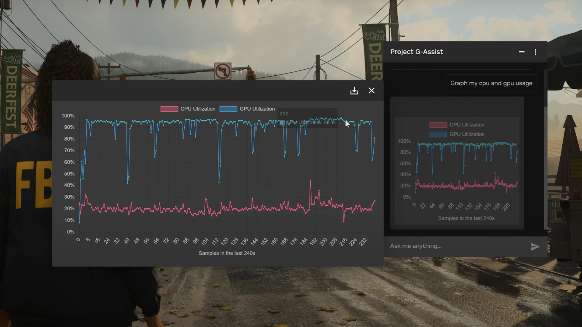 Nvidia Project G-Assist AI Assistant being shown in action to help you view GPU stats while gaming (Image via: NVIDIA)