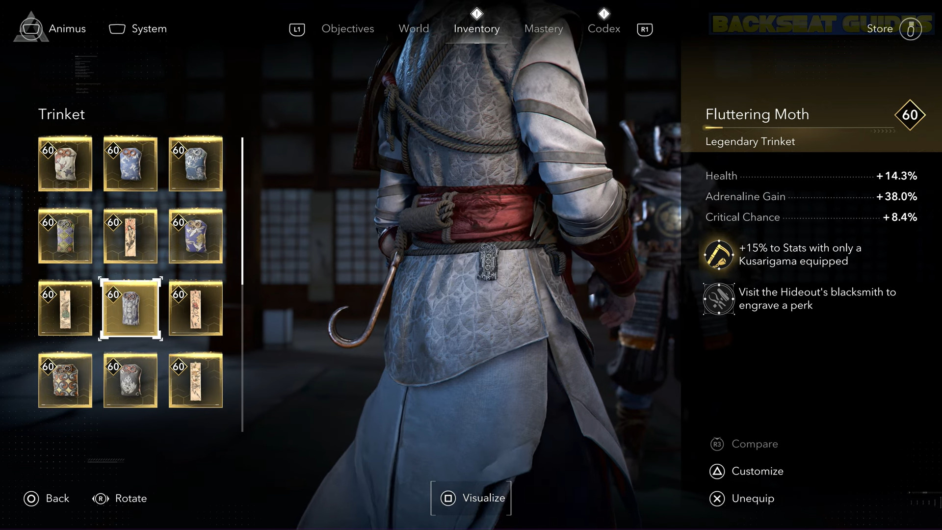 The Fluttering Moth Trinket (Image via Ubisoft and @backseatguides/YouTube)