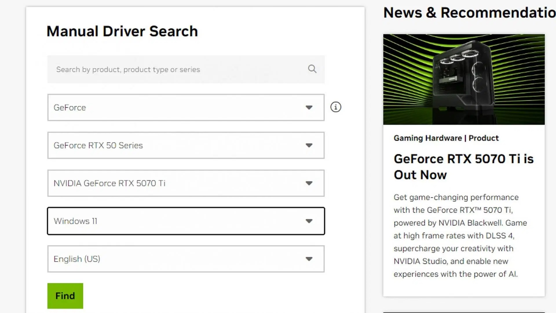 Picture of Nvidia driver download page