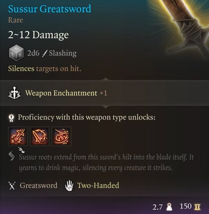Baldur's Gate 3 Sussur Greatsword tooltip BG3
