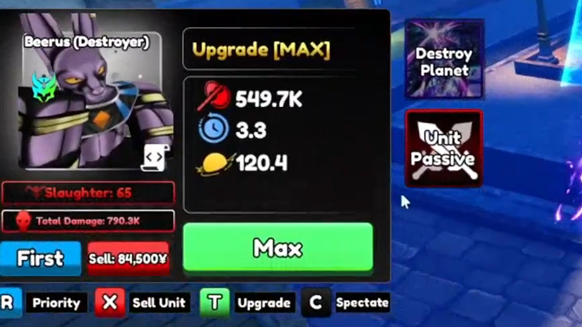 Beerus (Destroyer) max upgrade stats. (Image via Roblox Corporation)
