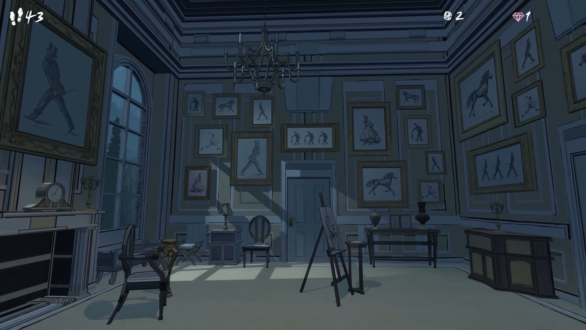 Count the paintimgs of the woman and the man with umbrella to get the code