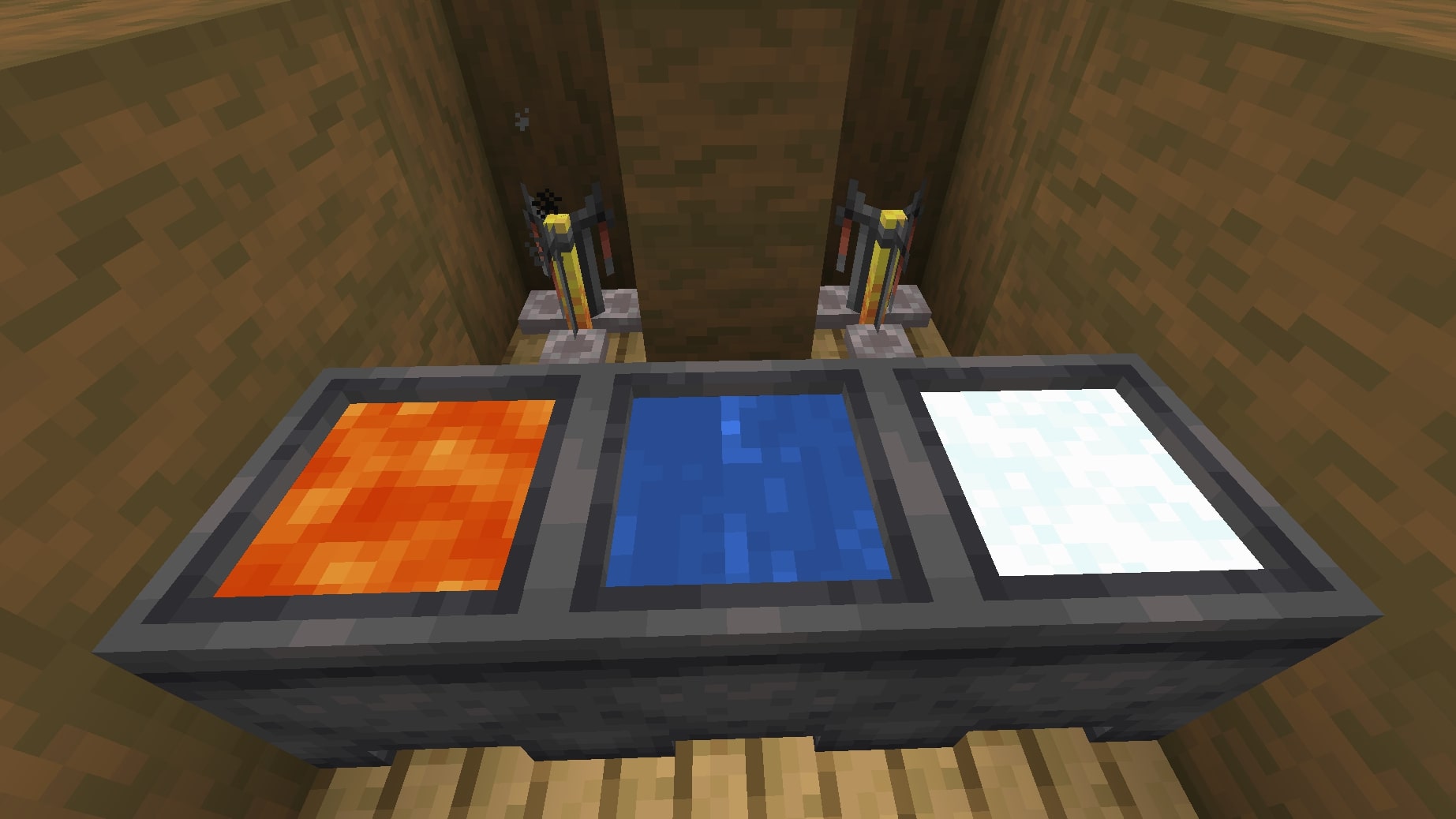 Cauldrons with lava, water, and powdered snow