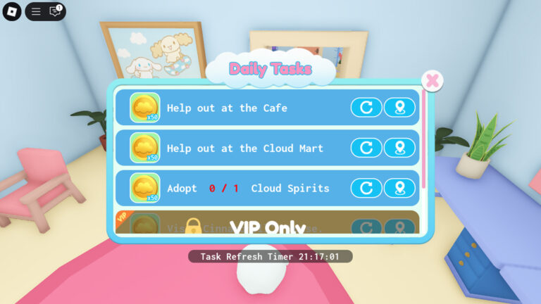Set of daily tasks (Image via Cinnamoroll Cloud Land Roblox)