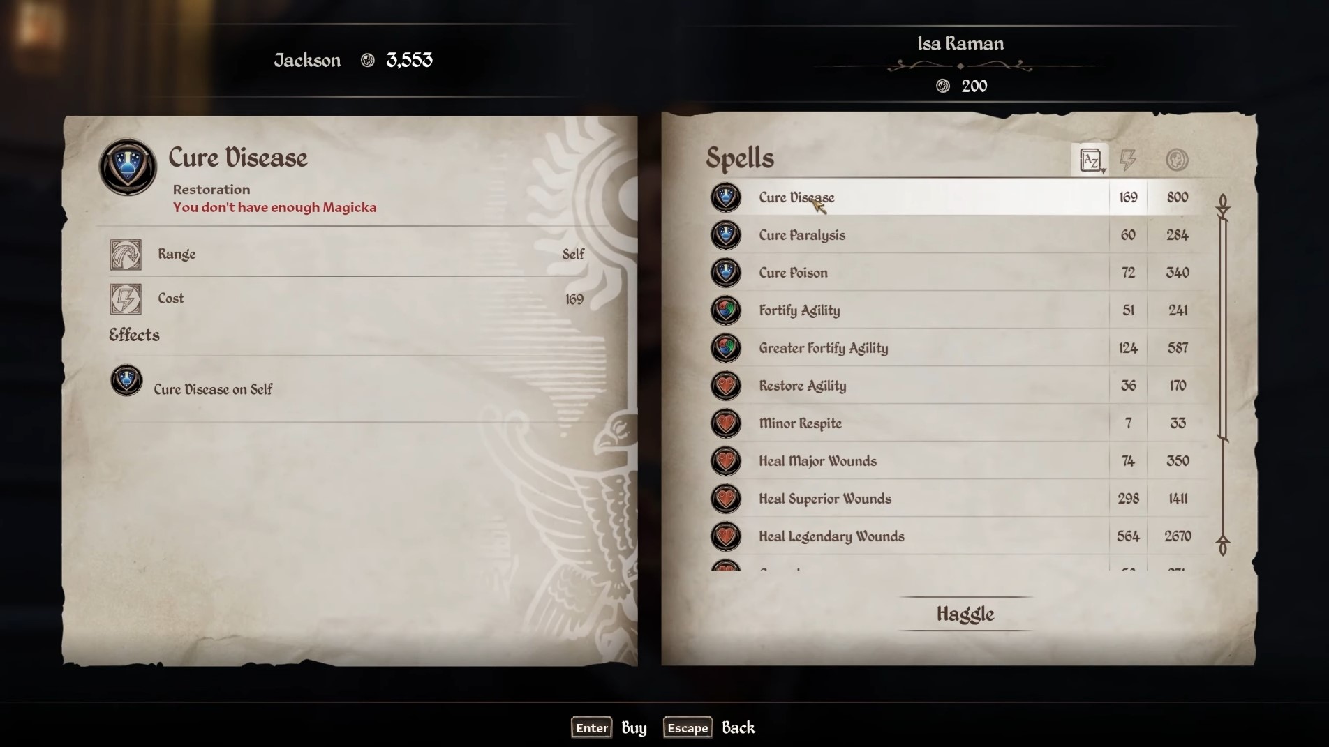 Cure Disease spell for sale (Image via Bethesda)