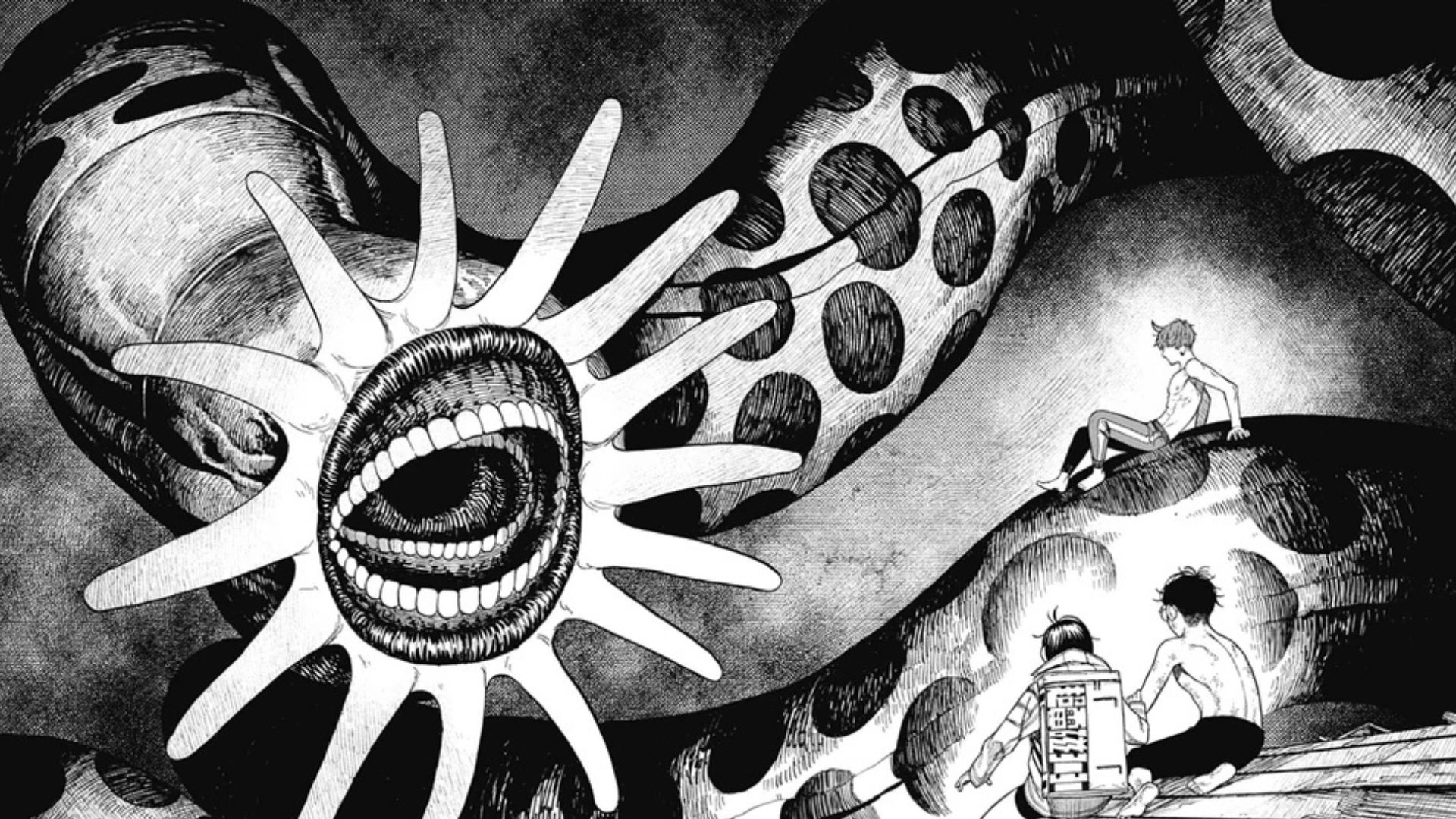 The Tsuchinoko and the main cast as seen in the Dandadan manga (Image via Shueisha)