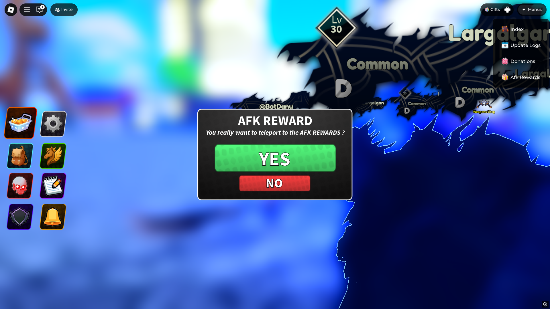 AFK rewards in Arise Crossover (Image via Roblox Corporation)