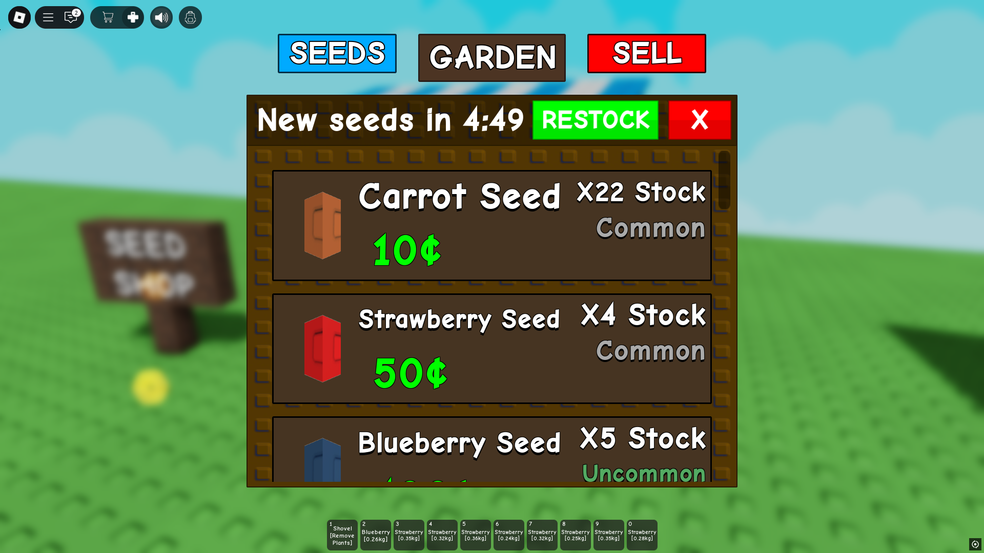 Seeds restock in Grow a Garden Roblox (Image via Roblox Corporation)