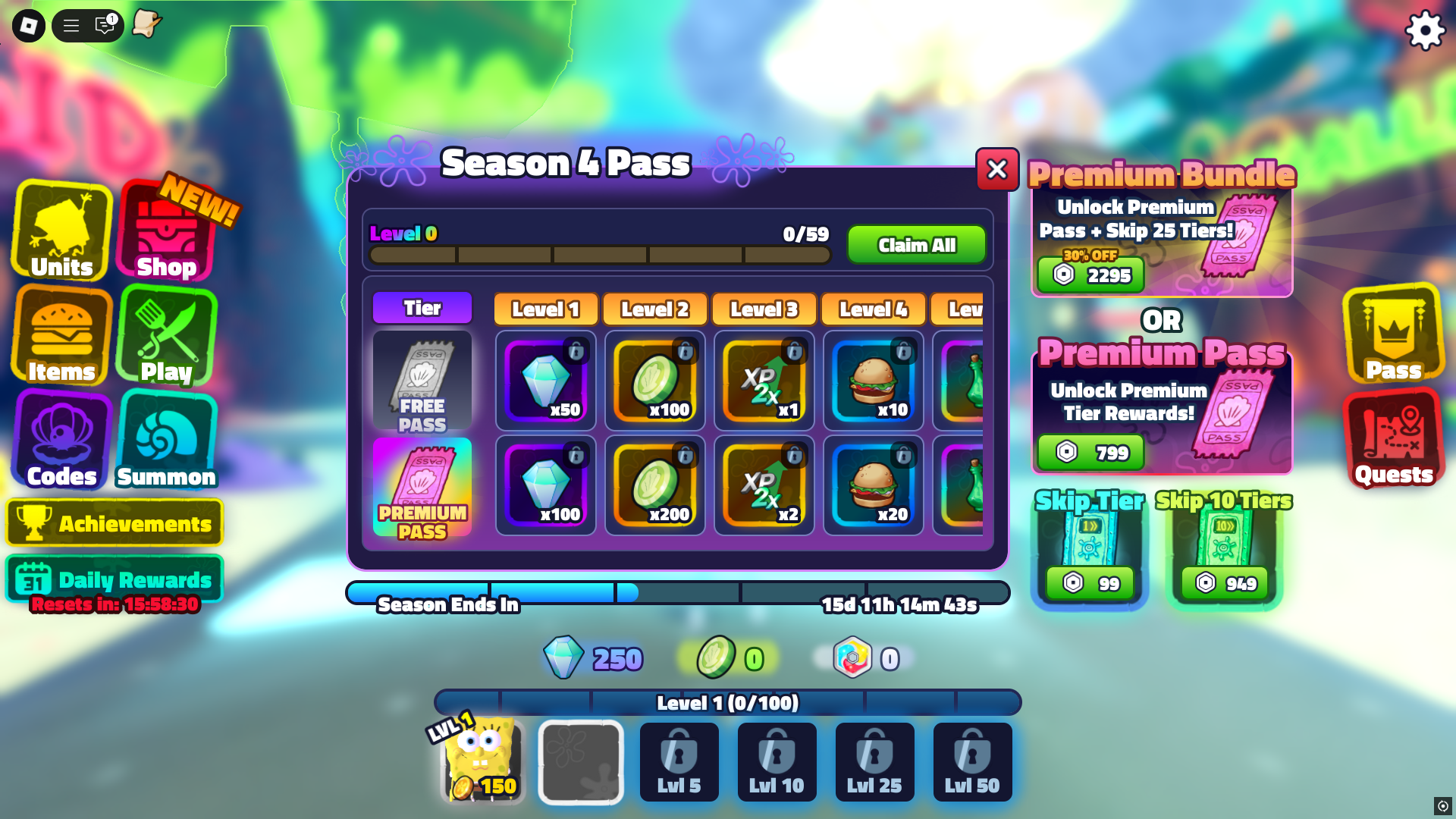 Season 4 pass in SpongeBob Tower Defense (Image via Roblox Corporation)