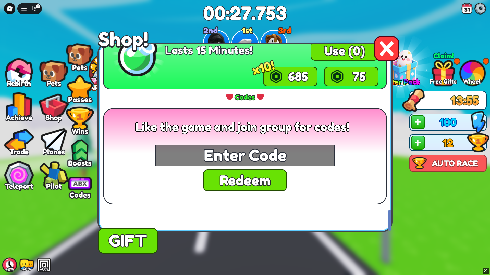 Redeeming code in Plane Training (Image via Roblox)