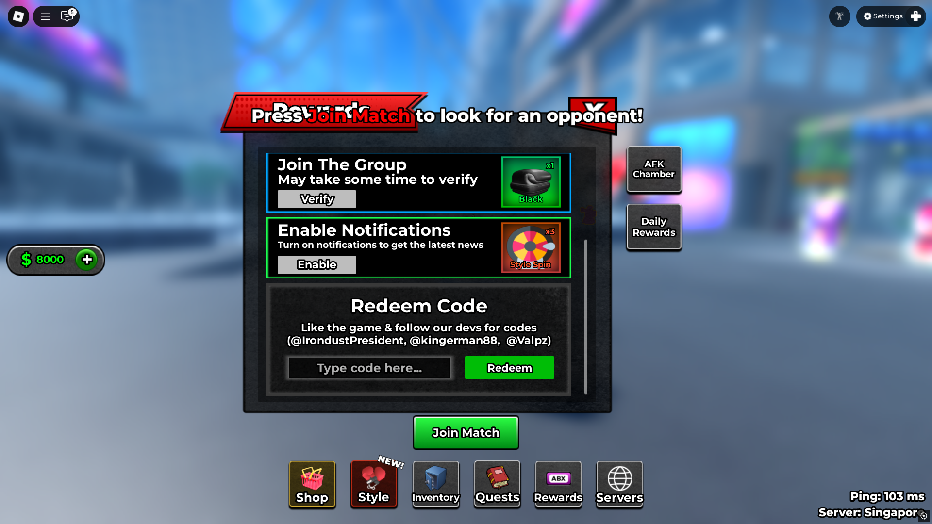 Reddeming code in mma legends (Image via Roblox)