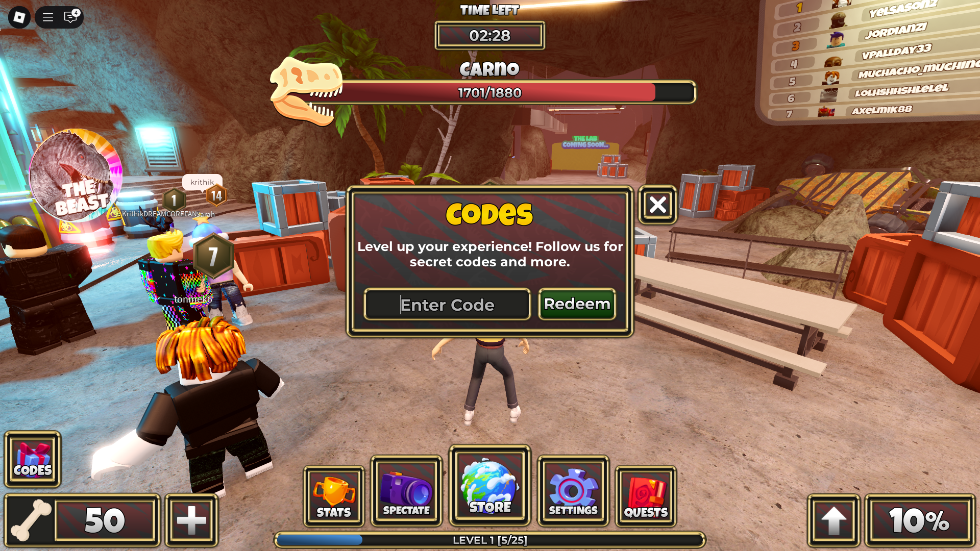 Redeeming codes in Primal Pursuit (Image via Roblox Corporation)
