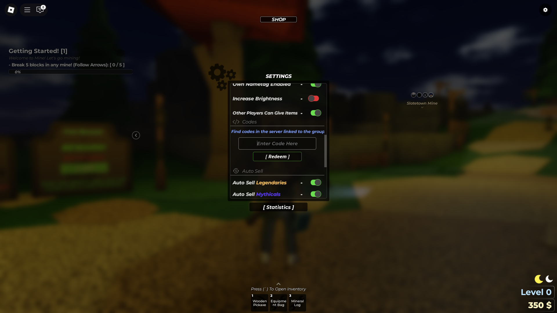 Redeeming codes in Mine (Image via Roblox)