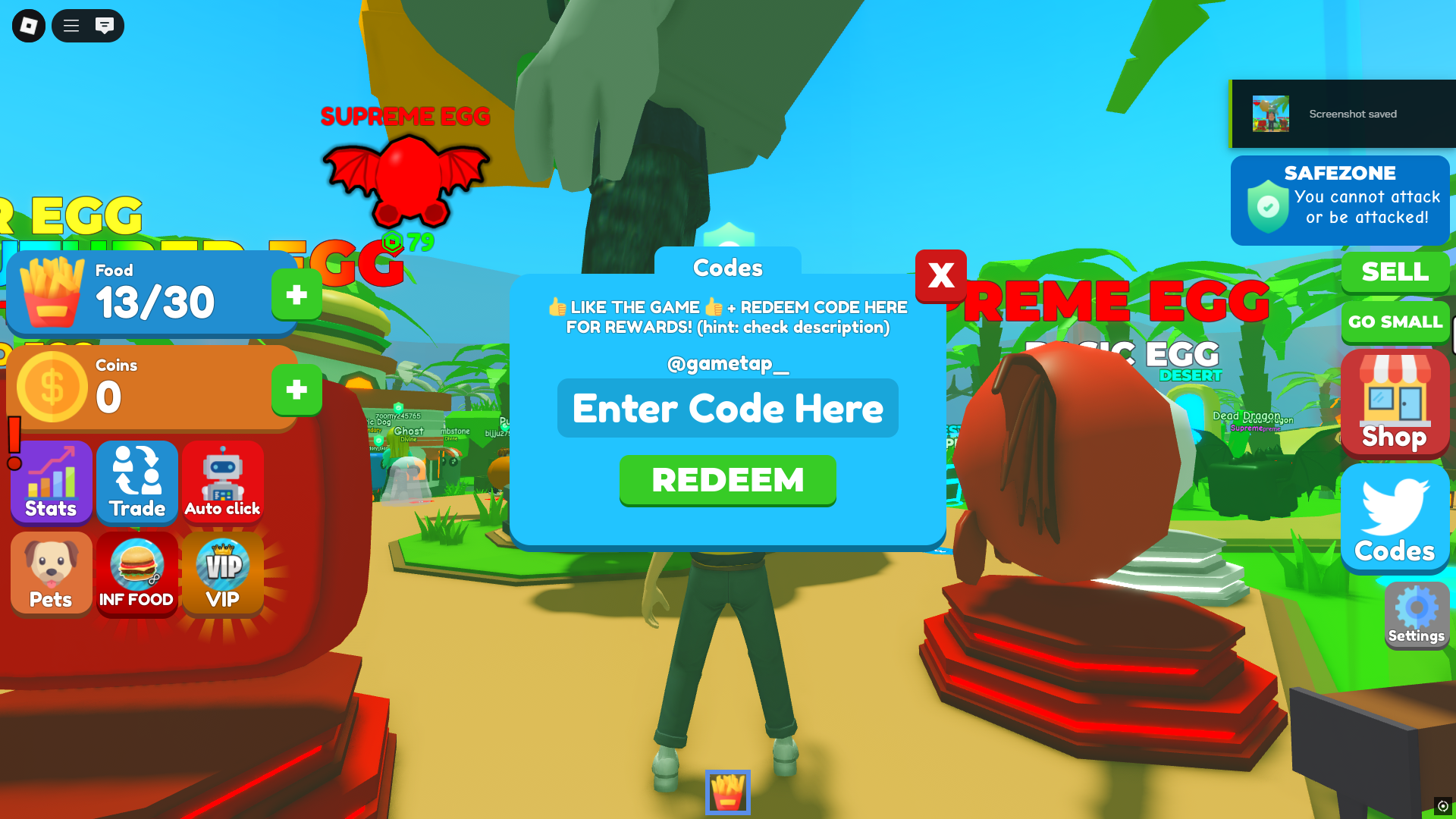 Redeeming codes in Eating Simulator (Image via Roblox)