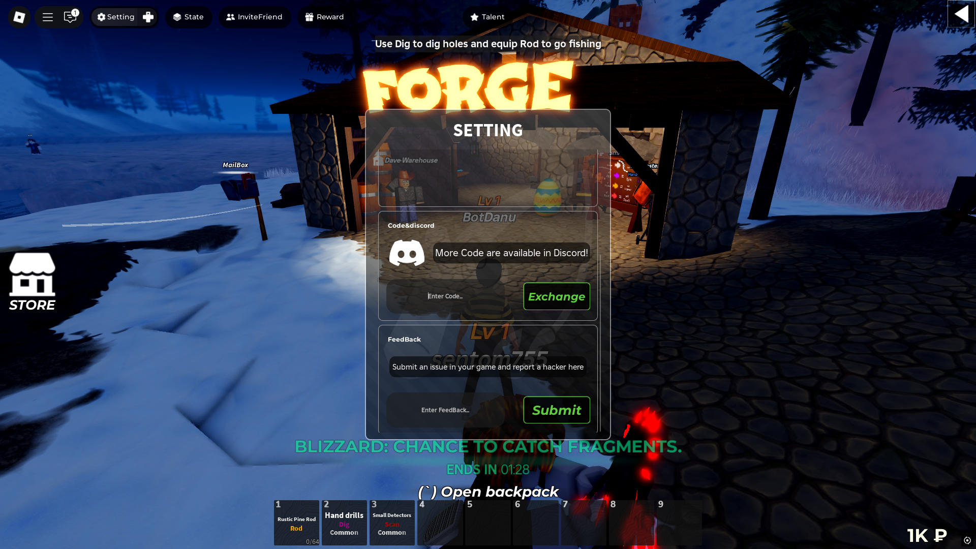 Redeeming codes in Icebound Detector (Image via Roblox)