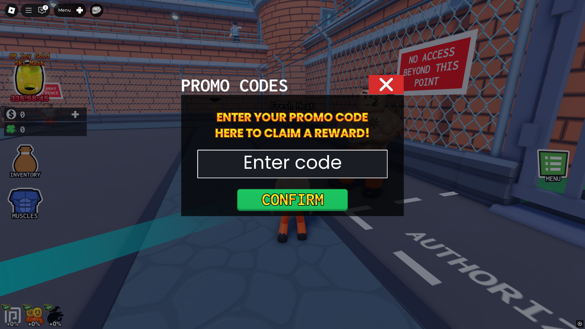 Redeeming codes in Prison Pump (Image via Roblox)