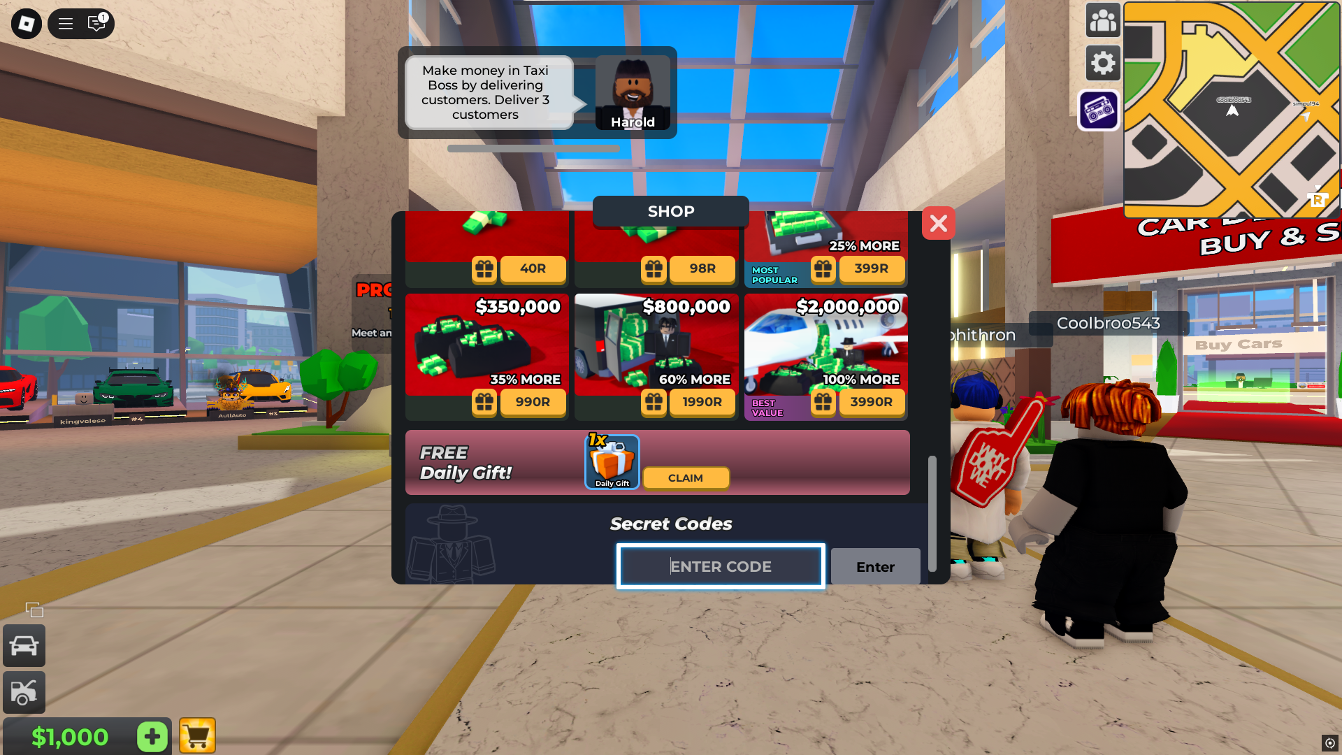 Redeeming codes in Taxi Boss (Image via Roblox)