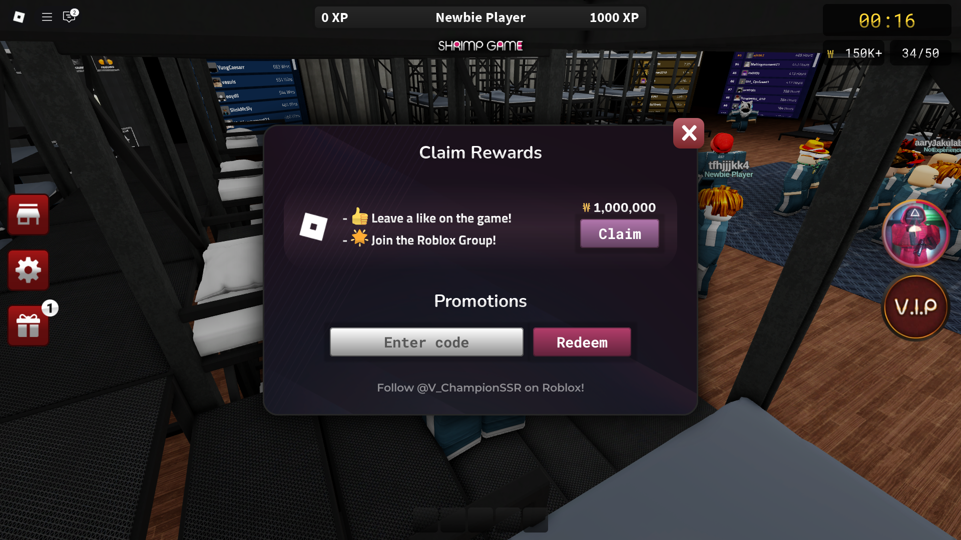 Redeeming codes in Shrimp Game (Image via Roblox)