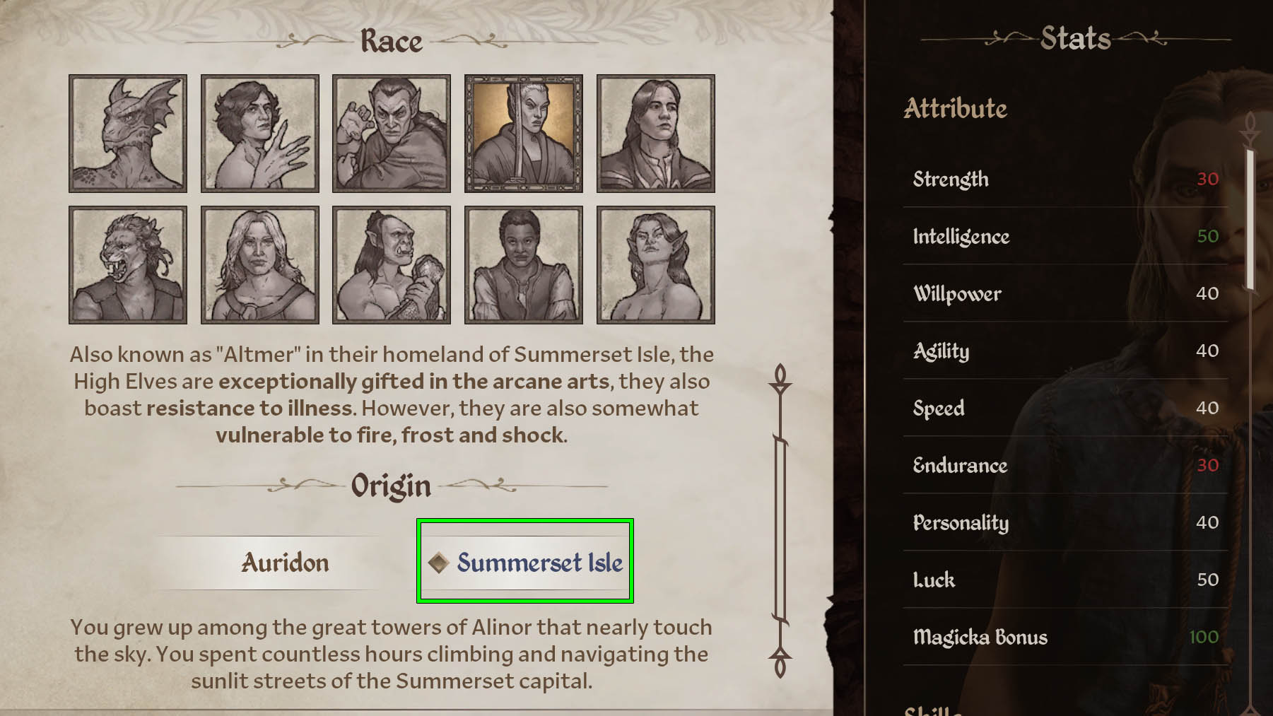 Elder Scrolls Oblivion Remastered High Elf - Summerset Isle origin (low strength endurance for high intelligence)