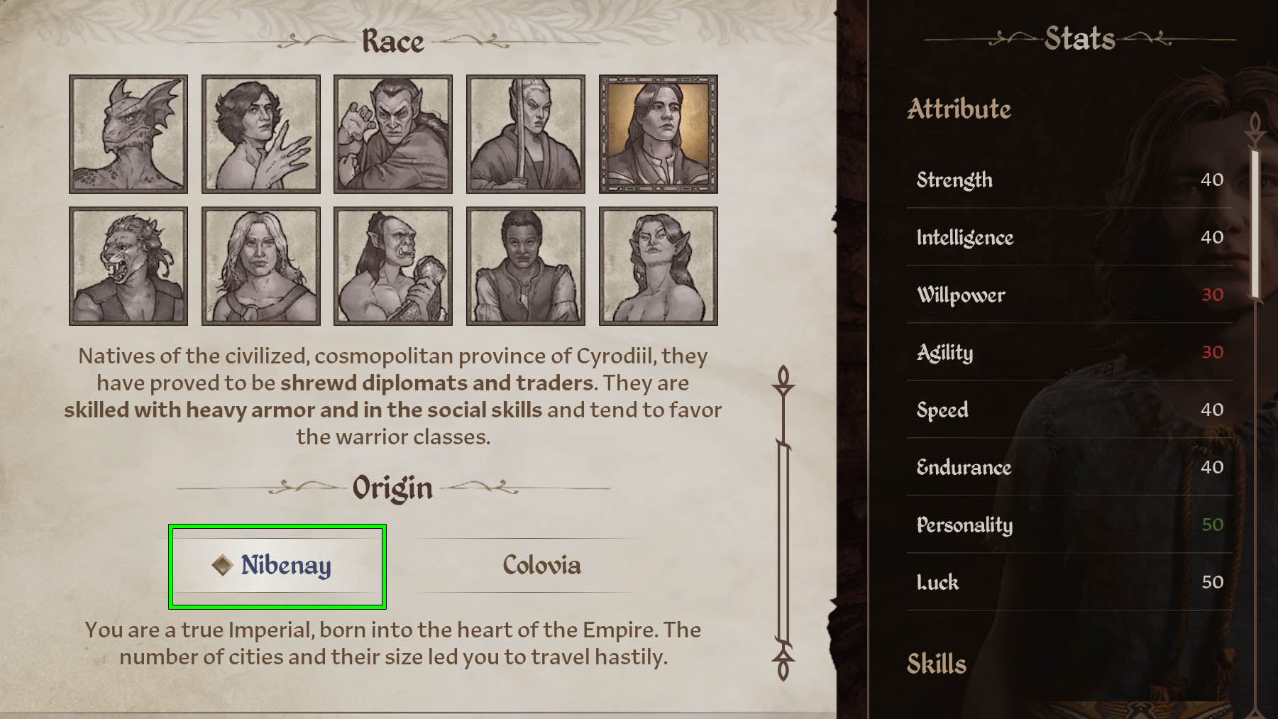 Elder Scrolls Oblivion Remastered Imperial - Nibenay origin (lowers willpower and agility for increased personality)