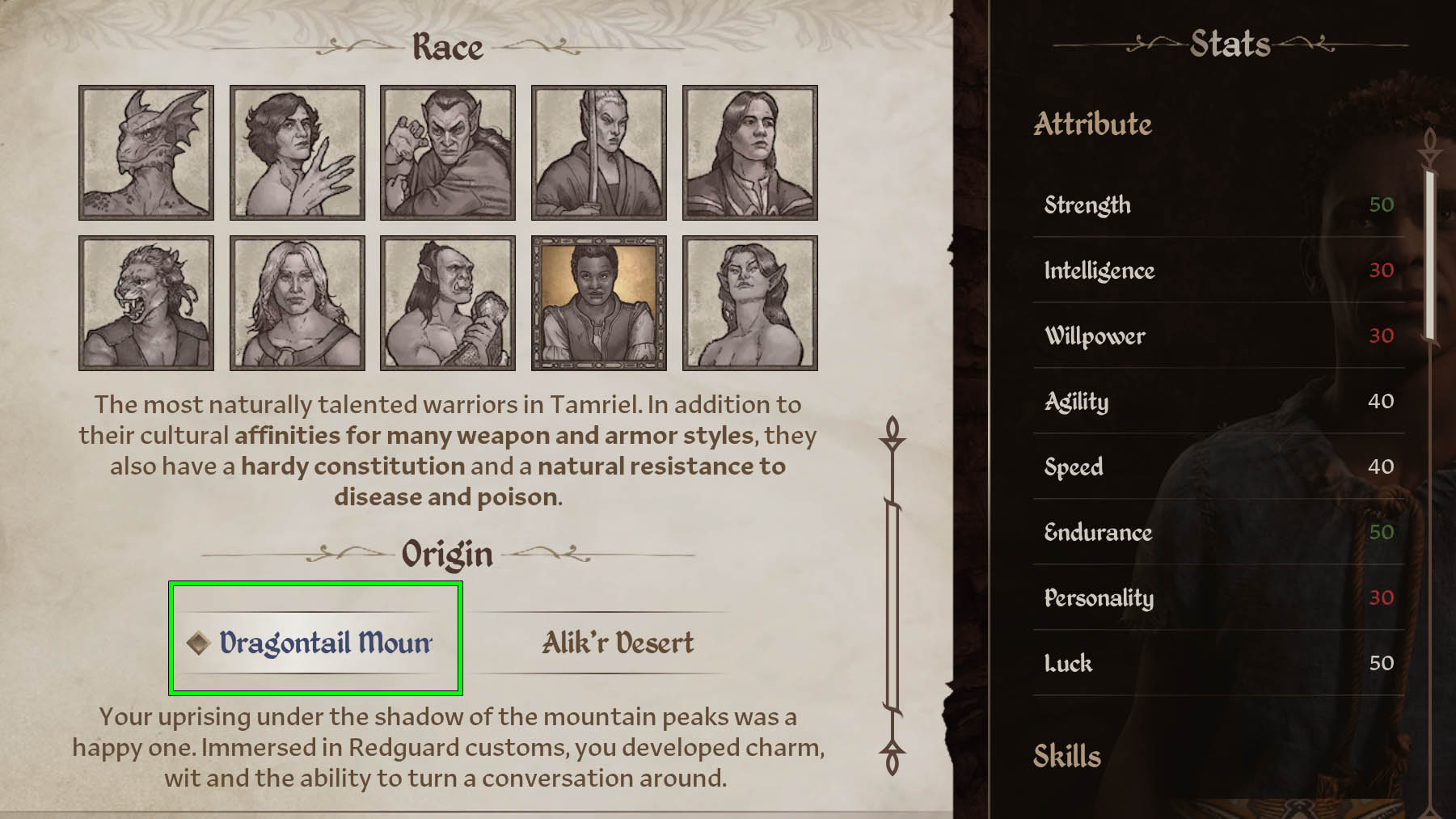Elder Scrolls Oblivion Remastered Redguard - Dragontail Mountain (high str and endurance)