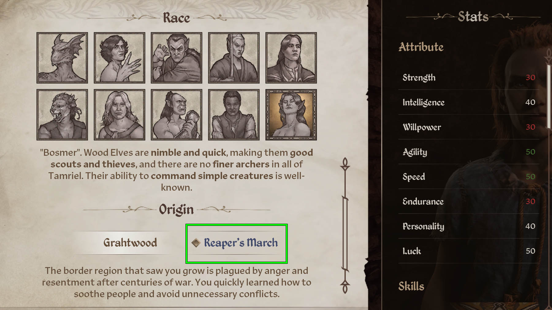 Elder Scrolls Oblivion Remastered Wood Elf - Reaper's March (high agility speed, low strength willpower endurance)
