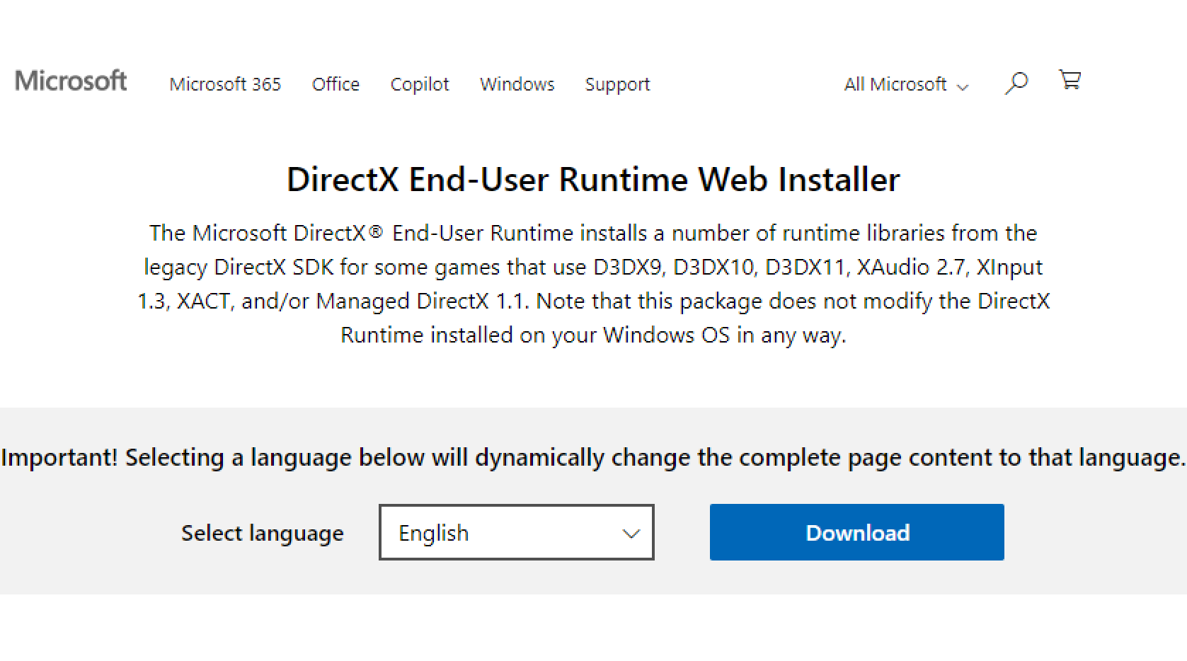 Picture of DirectX download page