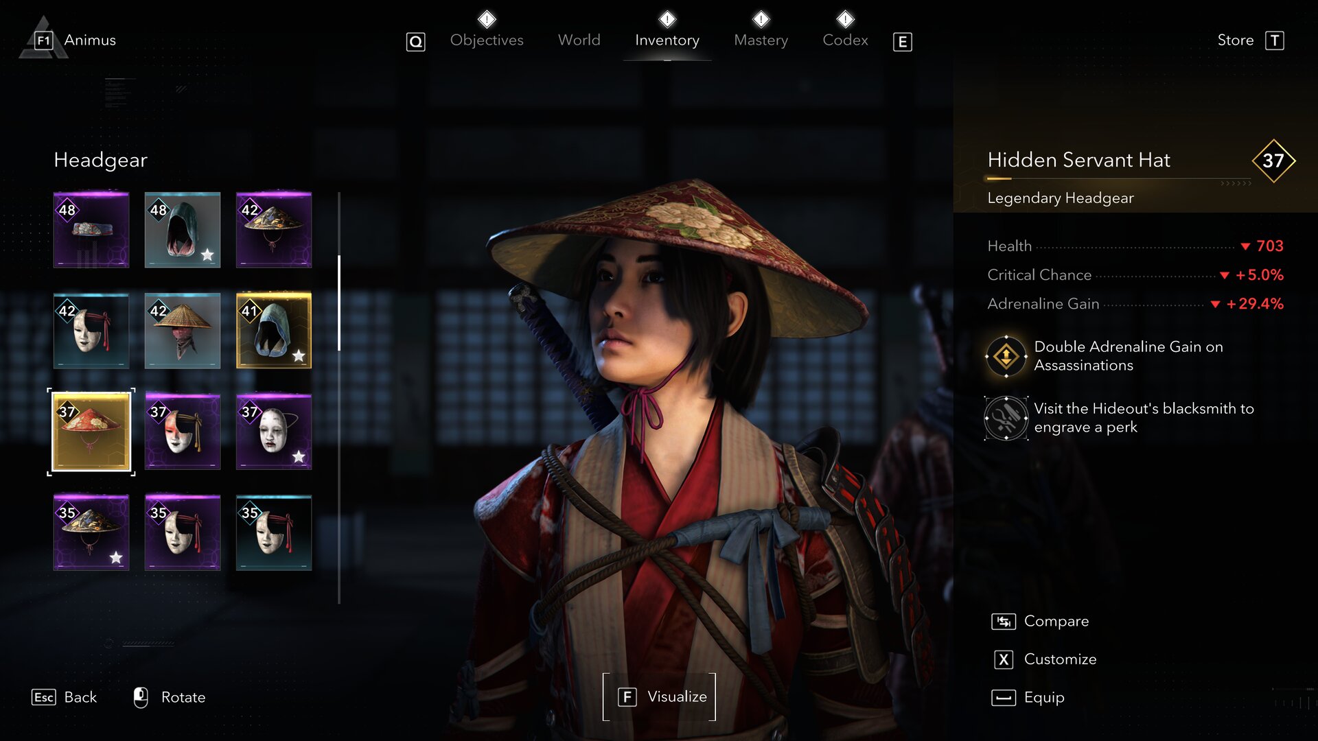 Hidden Servant Hat statistics in Assassin's Creed Shadows.