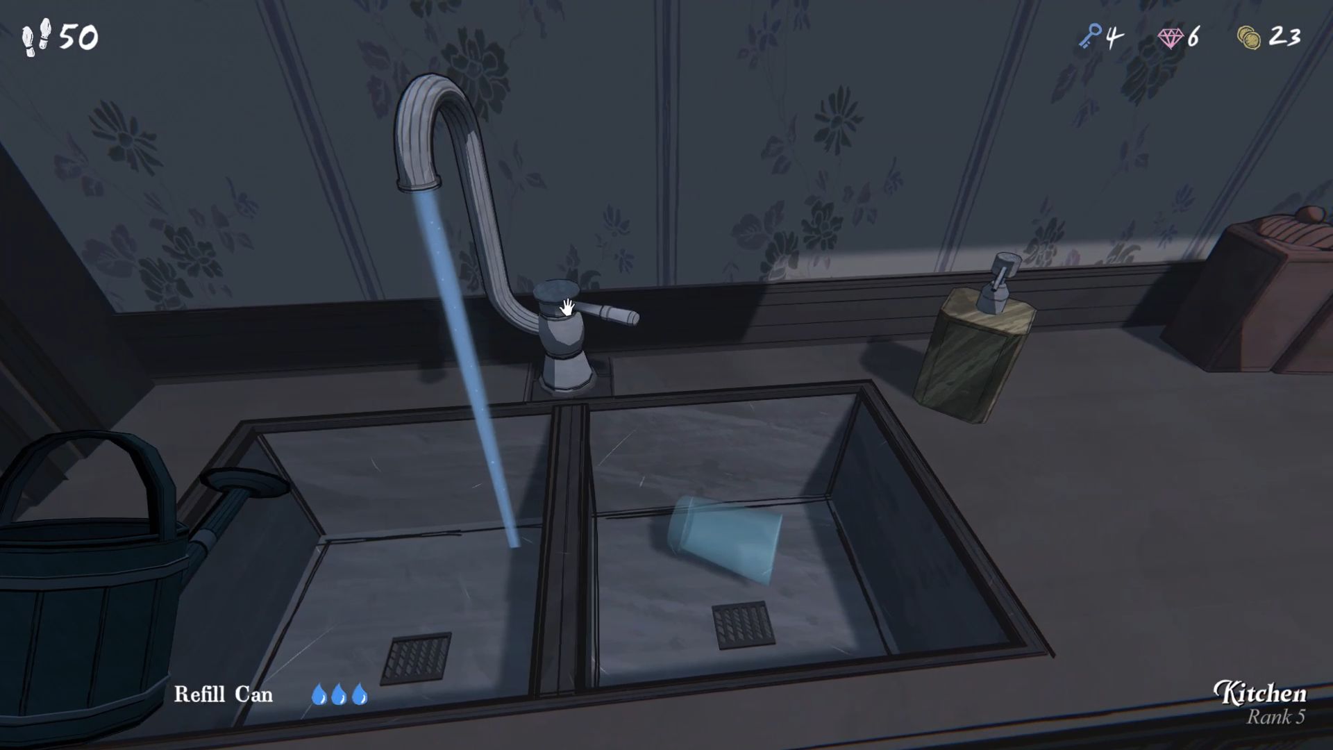 You can refill the Watering Can from the water tap in the Kitchen