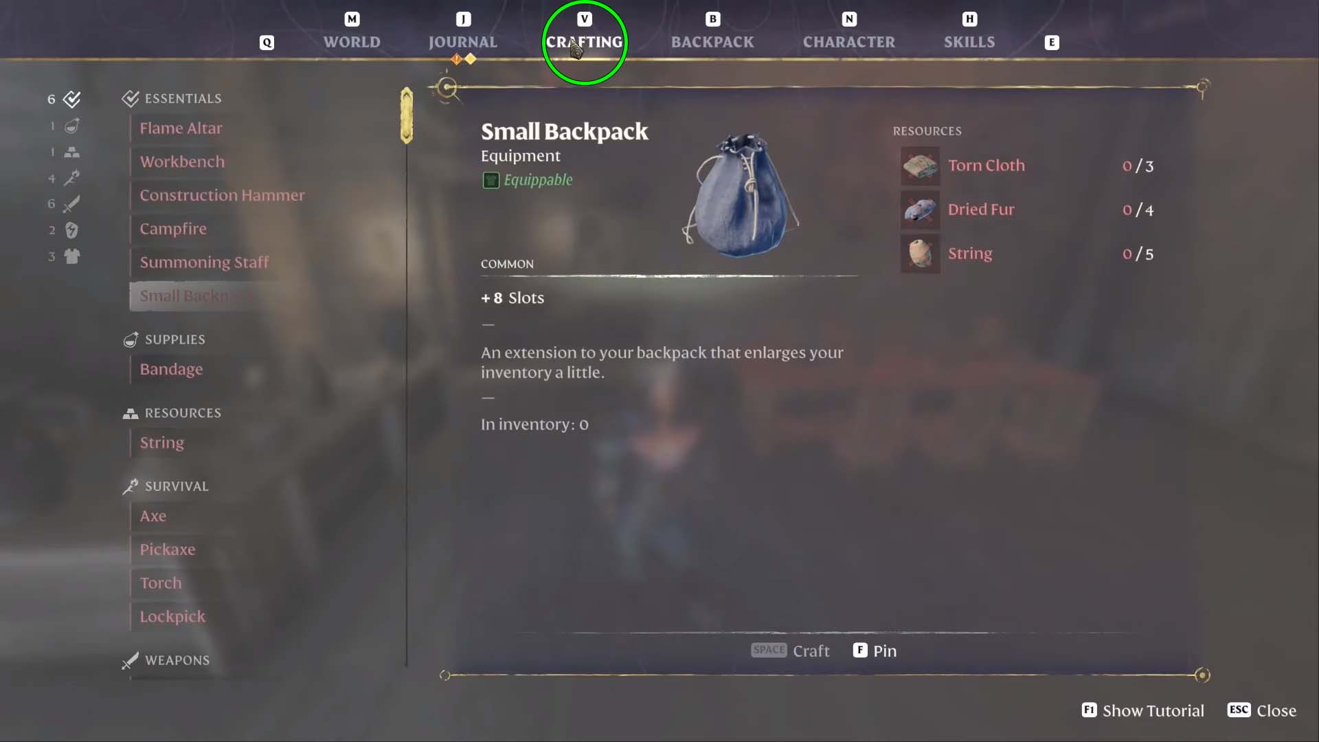 How to Get a Backpack in Enshrouded crafting recipe