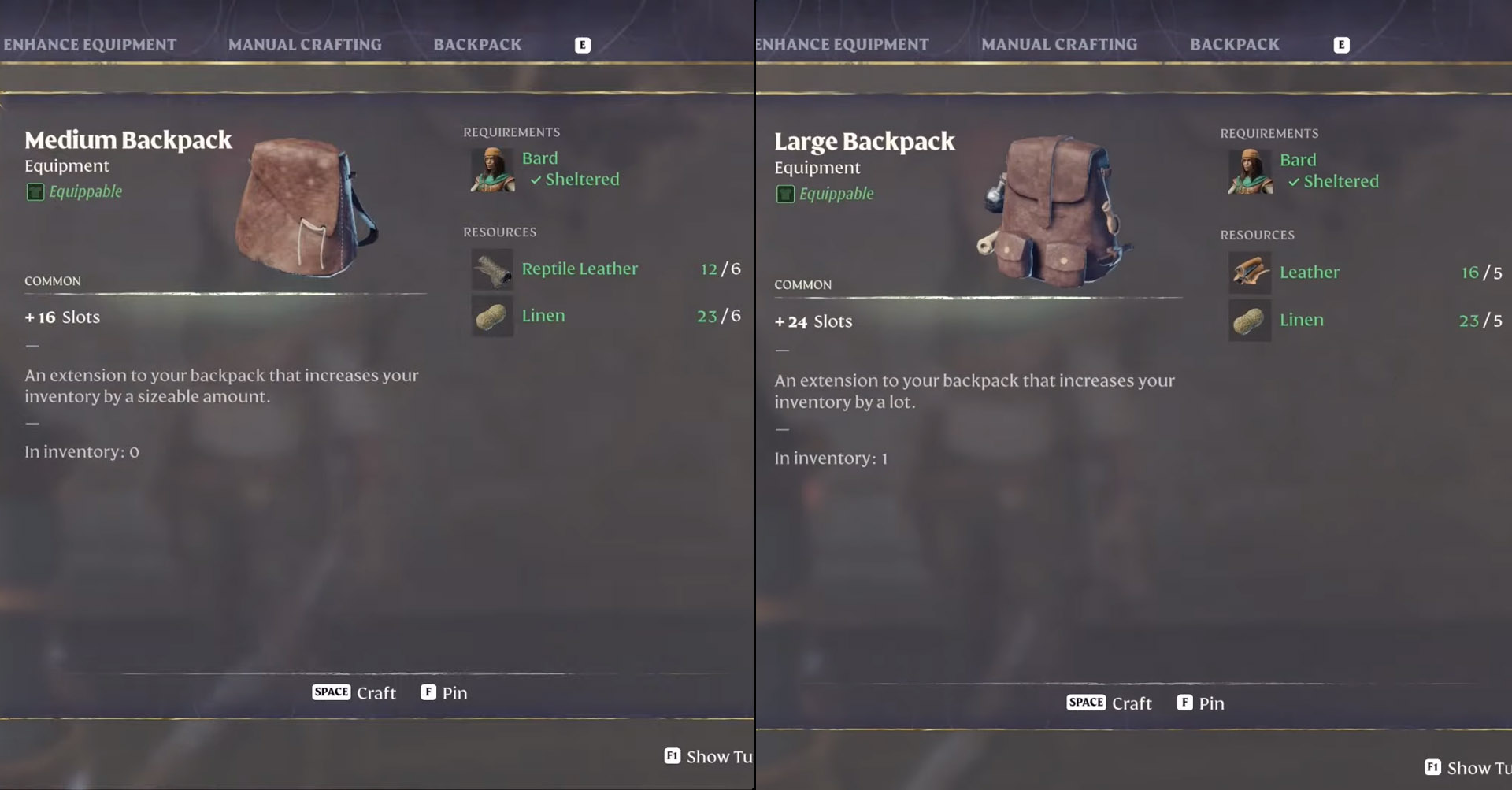 How to Upgrade Your Backpack in Enshrouded Medium and Large crafting recipes