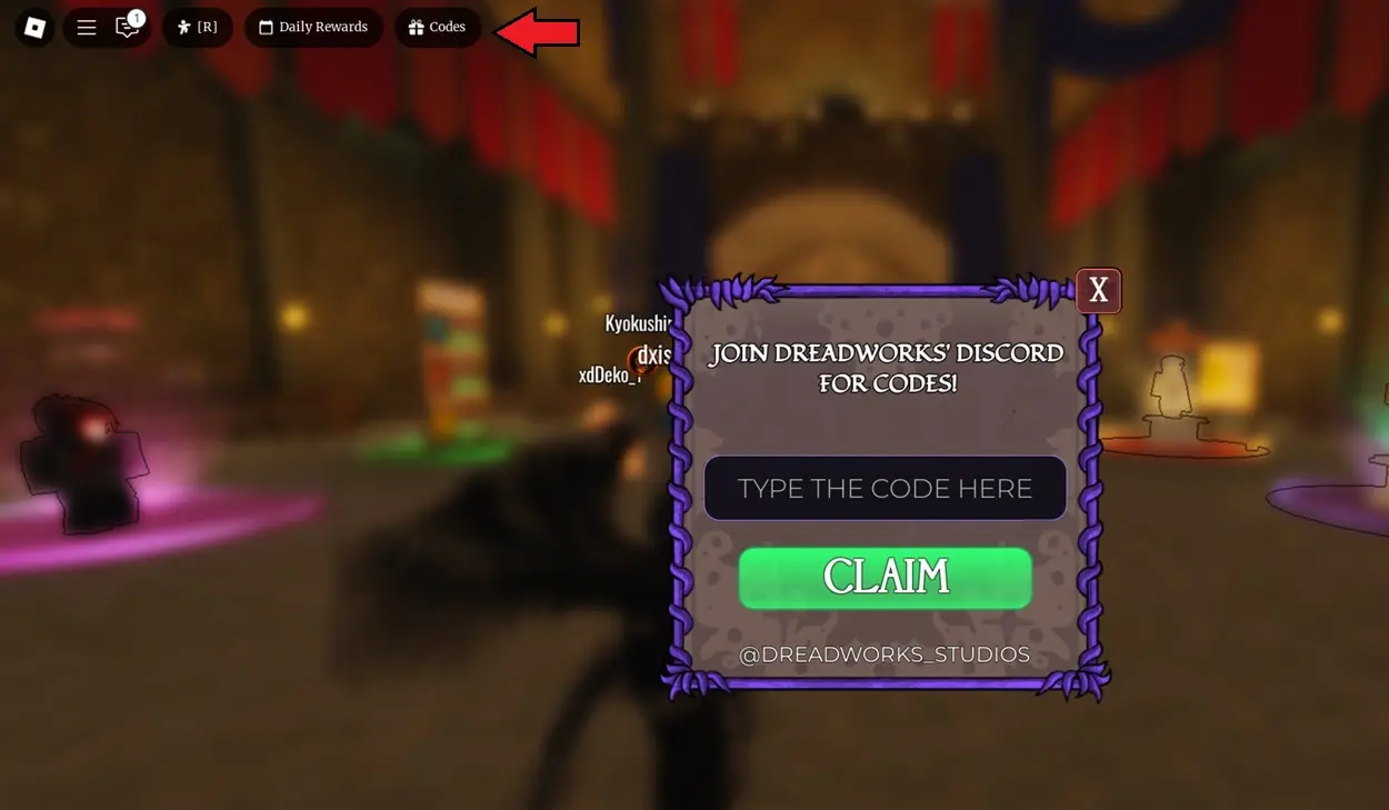 Type or paste the code in the code box (Image via Dreadworks Studio | Roblox)